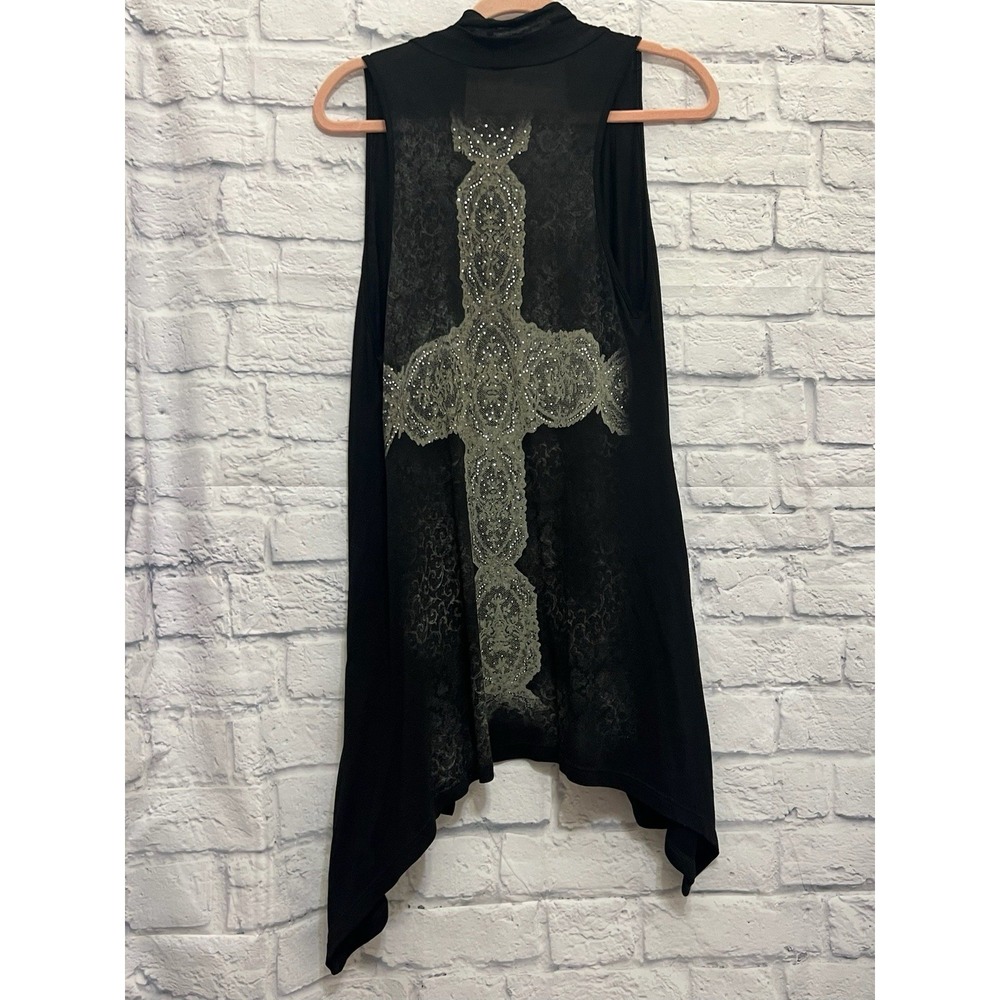 Vocal Y2K Rhinestone Cardigan XL Black Cross Gothic Duster Made In USA Lace - Picture 7 of 7